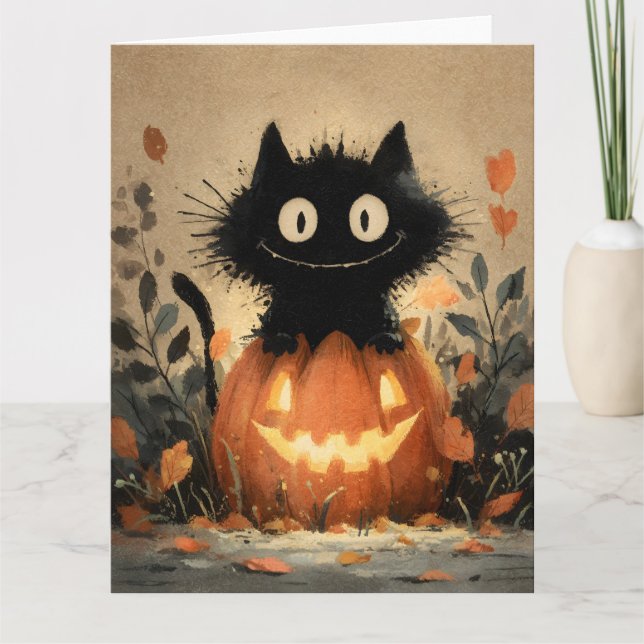 Cute Halloween Black Cat on a Jack-o'-Lantern Card (Front)