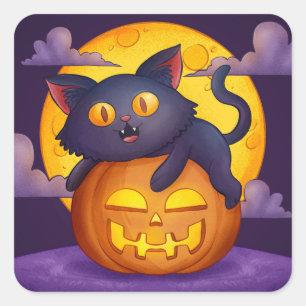Cute Halloween Black Cat Pumpkin and Moon Square Sticker