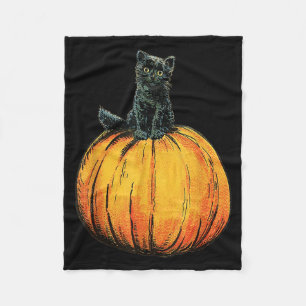 Cute Halloween Black Cat Sitting On Orange Pumpkin Fleece Blanket