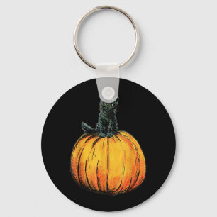 Cute Halloween Black Cat Sitting On Orange Pumpkin Keychain