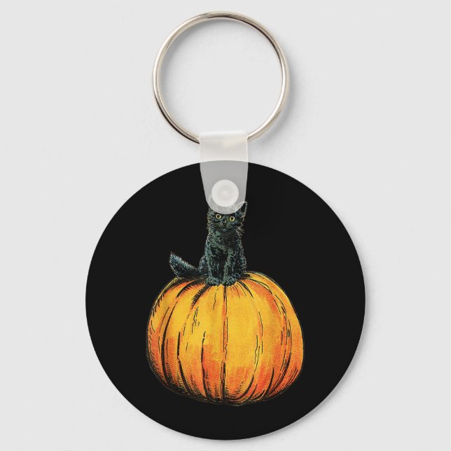 Cute Halloween Black Cat Sitting On Orange Pumpkin Keychain (Front)