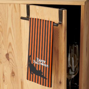 Cute Halloween Black Cat Stretching Orange Stripes Kitchen Towel