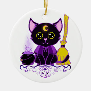 Cute Halloween Black Cat Witch Ceramic Ornament