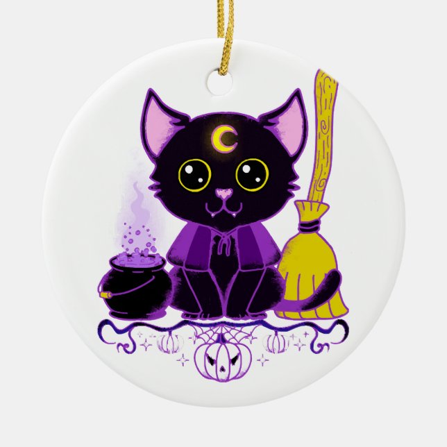 Cute Halloween Black Cat Witch Ceramic Ornament (Front)