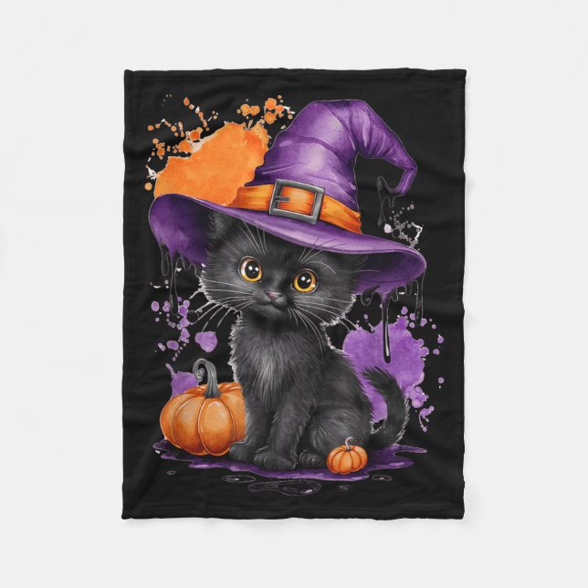 Cute Halloween Black Cat Witch Hat Pumpkin Fleece Blanket (Front)