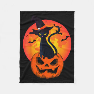 Cute Halloween Black Cat Witch Hat Pumpkin For Fleece Blanket