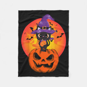 Cute Halloween Black Cat Witch Hat Pumpkin For Fleece Blanket