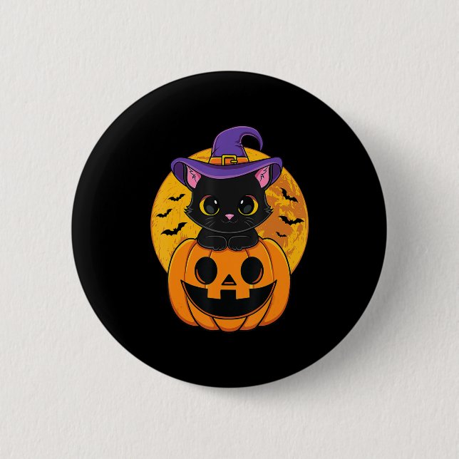 Cute Halloween Black Cat Witch Hat Pumpkin For Kid 2 Inch Round Button (Front)