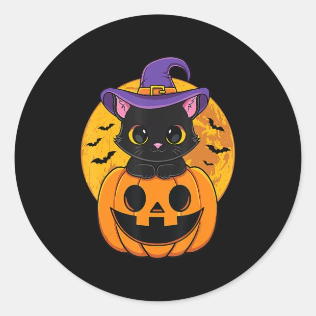 Cute Halloween Black Cat Witch Hat Pumpkin For Kid Classic Round Sticker (Front)
