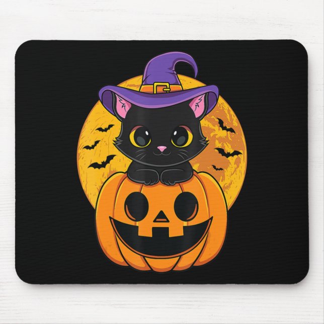 Cute Halloween Black Cat Witch Hat Pumpkin For Kid Mouse Pad (Front)