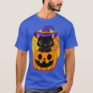Cute Halloween Black Cat Witch Hat Pumpkin For Kid T-Shirt