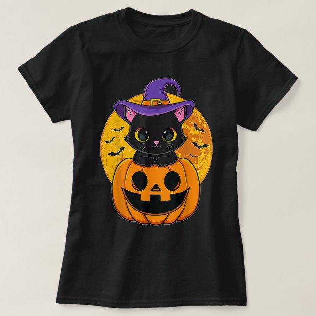 Cute Halloween Black Cat Witch Hat Pumpkin For Kid T-Shirt (Design Front)