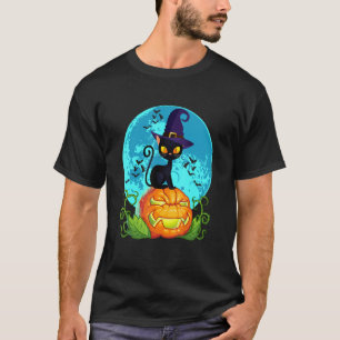 Cute Halloween Black Cat Witch Hat Pumpkin For Kid T-Shirt