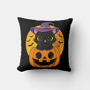Cute Halloween Black Cat Witch Hat Pumpkin For Kid Throw Pillow
