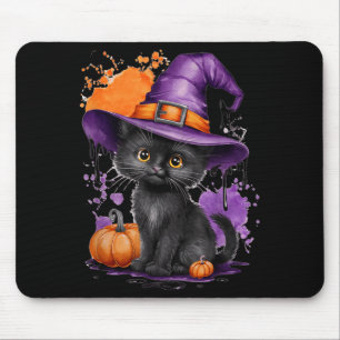 Cute Halloween Black Cat Witch Hat Pumpkin Mouse Pad