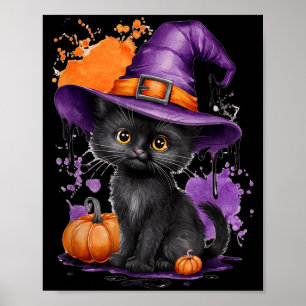Cute Halloween Black Cat Witch Hat Pumpkin Poster