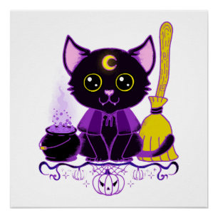 Cute Halloween Black Cat Witch Poster