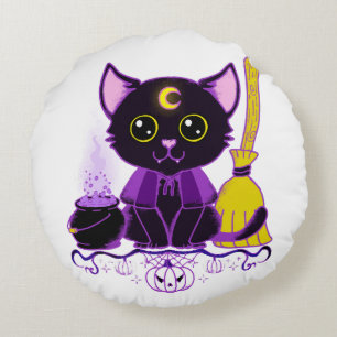 Cute Halloween Black Cat Witch Round Pillow