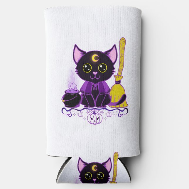 Cute Halloween Black Cat Witch Seltzer Can Cooler (Front)