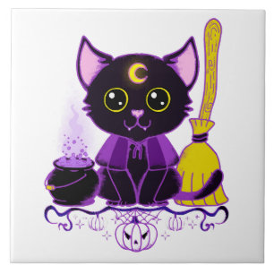 Cute Halloween Black Cat Witch Tile
