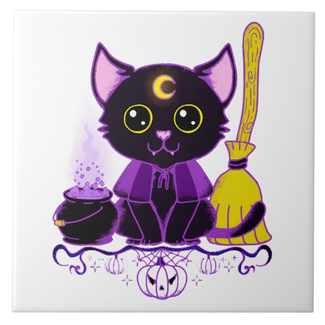 Cute Halloween Black Cat Witch Tile (Front)
