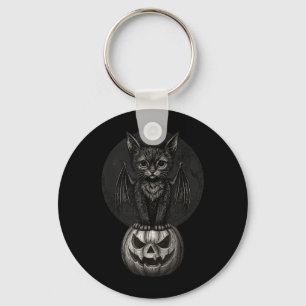 Cute Halloween Black Cat With Bat Wings On Pumpkin Keychain
