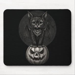 Cute Halloween Black Cat With Bat Wings On Pumpkin Mouse Pad