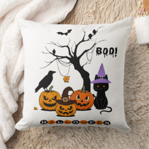 Cute Halloween Black Cat with Pumpkins Throw Pillow