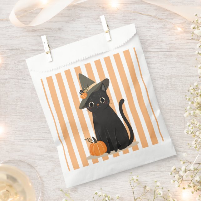 Cute Halloween Black Cat with Witch Hat Pumpkin Favour Bag (Clipped)