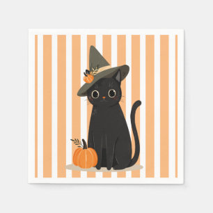 Cute Halloween Black Cat with Witch Hat Pumpkin Napkin