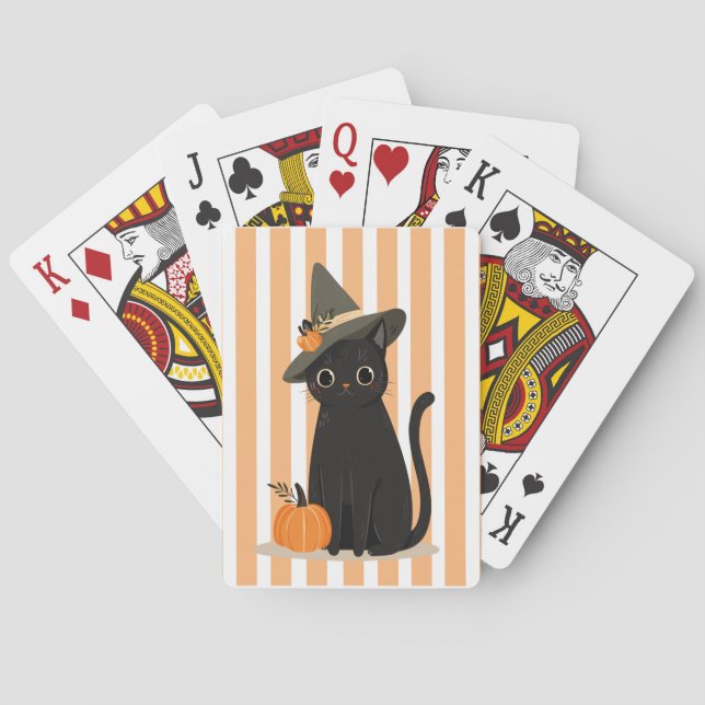 Cute Halloween Black Cat with Witch Hat Pumpkin Playing Cards (Back)