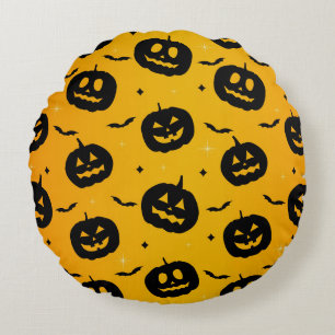 Cute Halloween Black Pumpkins & Bats Pattern Round Pillow