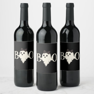 Cute Halloween - "Boo" Ghost with Bow -  Wine Label
