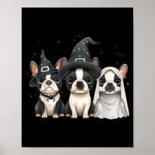 Cute Halloween Boston Terrier Dogs Witch Hat Ghost Poster