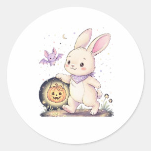 Cute Halloween Bunny with Pumpkin Lantern and Bat Classic Round Sticker