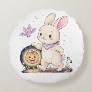 Cute Halloween Bunny with Pumpkin Lantern and Bat Round Pillow