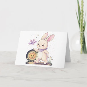 Cute Halloween Bunny with Pumpkin Lantern and Bat  Thank You Card