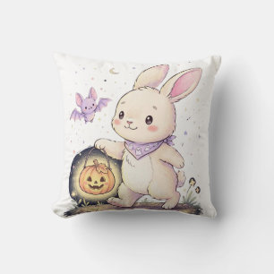 Cute Halloween Bunny with Pumpkin Lantern and Bat Throw Pillow