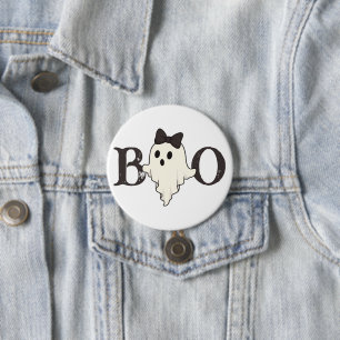 Cute Halloween Button – "Boo" Ghost with Bow