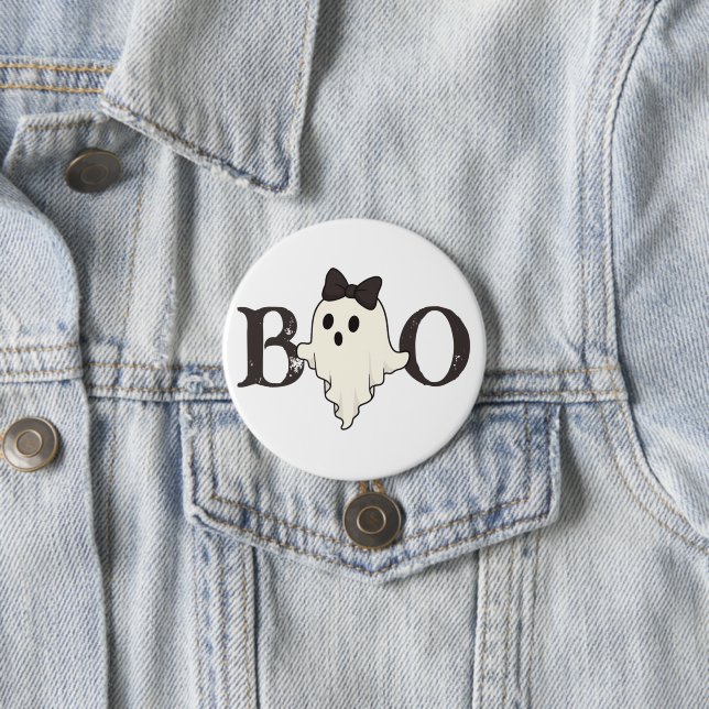 Cute Halloween Button – "Boo" Ghost with Bow (In Situ)