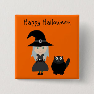 Cute Halloween Button With Witch, Spider & Cat