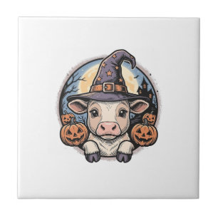Cute Halloween Calf Witch Hat Vintage Engraving De Tile