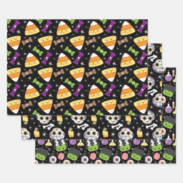 Cute Halloween Candy Corn, Frankenstein & Skeleton Wrapping Paper Sheet (Set)