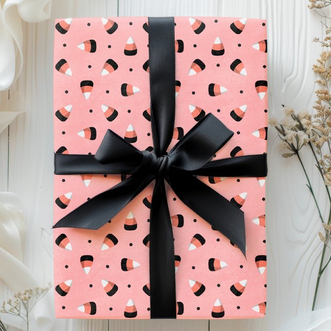 Cute Halloween Candy Corn on Pink Pattern Wrapping Paper (Creator Uploaded)