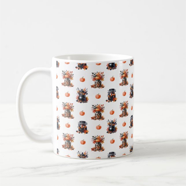 Cute Halloween Candy Jars | Pumpkins Fall Pattern Coffee Mug (Left)