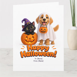 Cute Halloween Card Dog & Cat Pumpkin Ghost