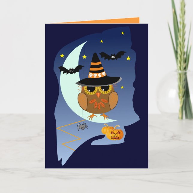 Cute Halloween card with Owl, bats & custom text (Front)