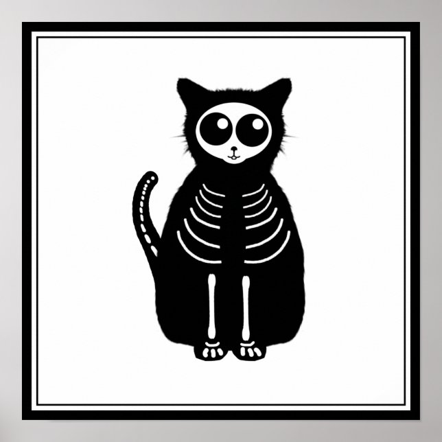 Cute Halloween Cartoon Cat Skeleton Poster (Front)