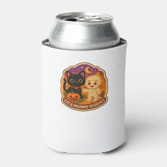 Cute Halloween Cat and Mummy Embroidery Patch Stic Can Cooler (Can Front)
