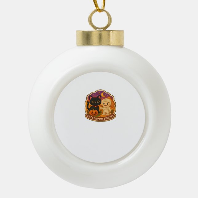 Cute Halloween Cat and Mummy Embroidery Patch Stic Ceramic Ball Christmas Ornament (Front)